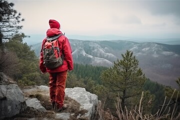 Fototapeta na wymiar Hiking, Tourist in a red jacket with backpack (Ai generated)
