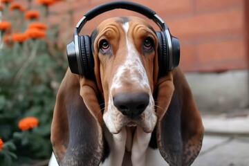 Basset Hound wearing headphone, dog portrait (Ai generated)