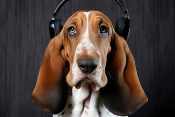 Fototapeta na wymiar Basset Hound wearing headphone, dog portrait (Ai generated)