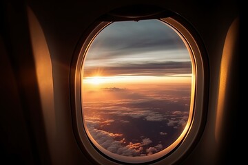 Aeroplan window, Beautiful scenic city view of sunset (Ai generated)