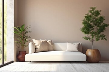 Fototapeta na wymiar Stylish apartment interior. Beige wall color, couch and plants. AI Generated