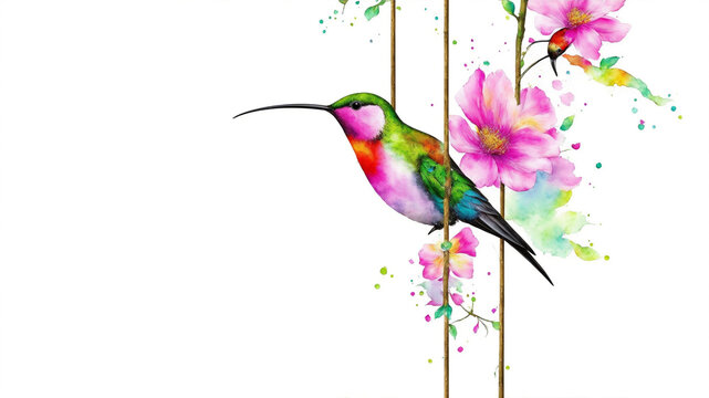 Fototapeta Colorful humming bird on stick tree with flower in watercolor design artistic. Concept of painting technique isolated on white background in canvas. Generative ai