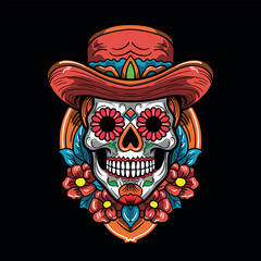 Skull with hat Dia de los Muertos, Day of the Dead. Vector illustration