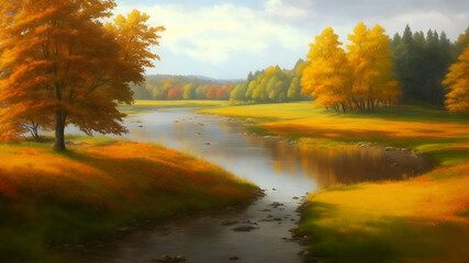 Picturesque autumn landscape with trees on the river bank in warm colors. AI generation