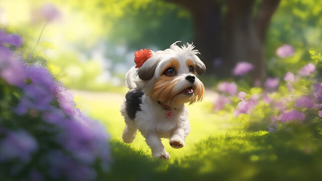 Cute little puppy running in the garden on the grass among the flowers in summer, AI generation