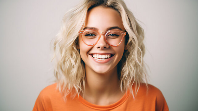 young confident blonde model poses in a trendy studio. Her attractive, happy portrait pretty face and stylish fashion. With a cheerful smile, positive and lifestyle against a beautiful background.