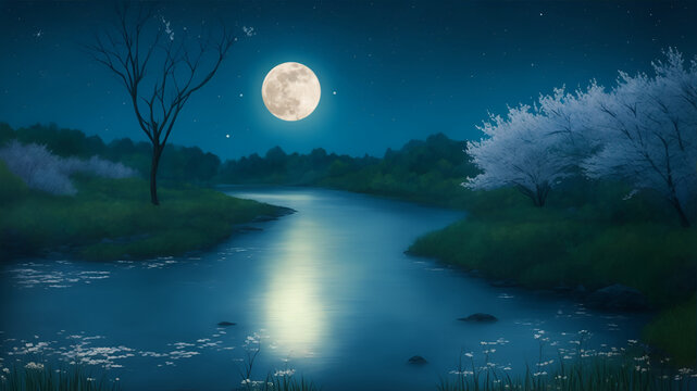 Spring landscape with a river in the valley, flowering trees against the starry sky at night, AI generation