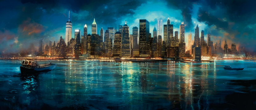 The Olympic city skyline in new York city at night, in the style of modern urban landscape, luminous reflections. Generative Ai Illustration.