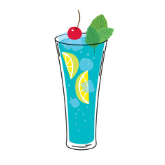 Glass of blue lagoon cocktail. Summer cocktail isolated on white background. Alcoholic drink with ice cubes, lemon, cherry and mint. Cocktail for menu, bar. Vector illustration