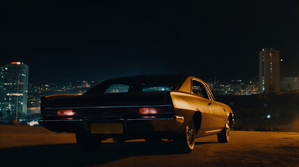 Vintage muscle car parked on the street at night. 80s styled synthwave retro scene with powerful drive in evening. Generated AI.