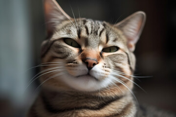 Fototapeta premium Funny cat laughing. Happy and kind relaxed kitten face with happy satisfied smile. Generated AI.