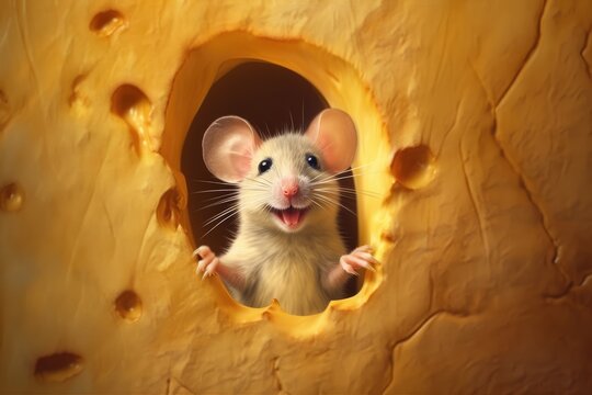 Cute little mouse in a cheese hole, yellow food background, ai generative
