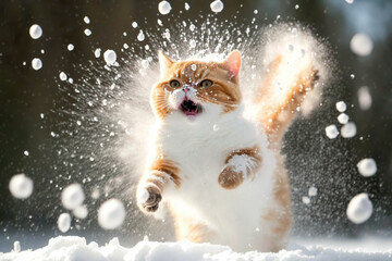 Obraz na płótnie Canvas Cat smacked by snowball. Cute kitten with surprised and angry face, hit by snow during snow fight. Generated AI.
