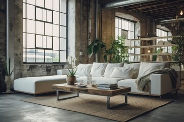 Naklejka na ściany i meble Interior of modern loft style living room , AI Generated