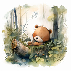 Cute animal sleeping in forest watercolor illustration