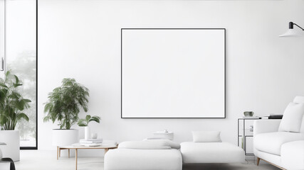 Blank horizontal poster frame mock up in minimal white style living room interior, modern living room interior background, generative ai