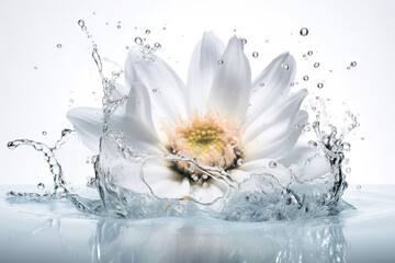 Flower in splashing water. Floral freshness concept with water drops for cosmetic, moisture and self-care packaging. Generated AI.