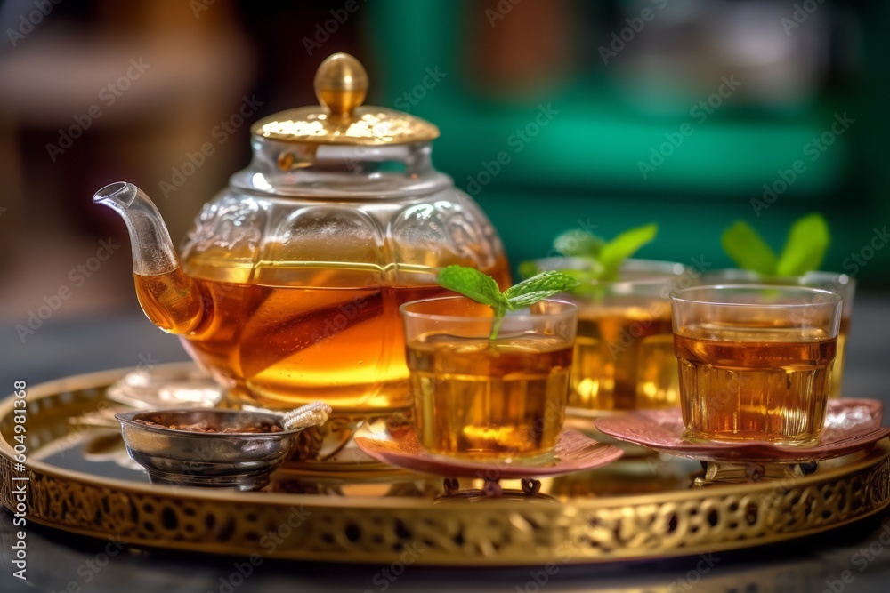 Wall mural traditional moroccan tea set with decorative teapot, glasses, and mint leaves, showcasing the artist