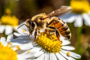 A macro shot of a bee collecting nectar from a chamomile flower, showcasing the symbiotic relationship between the flower and pollinators in nature. Generative AI - obrazy, fototapety, plakaty