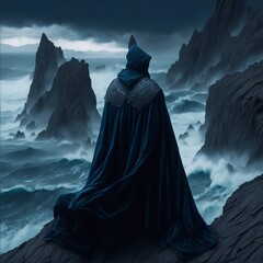 A lone figure stands on the edge of a cliff, overlooking a choppy sea. Their cloak is adorned with swirling patterns inspired by traditional Maori tattoos. The sky is overcast, with dark clouds loomin