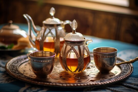 Traditional Moroccan tea set with decorative teapot, glasses, and mint leaves, showcasing the artistry and hospitality of Moroccan tea culture. Generative AI
