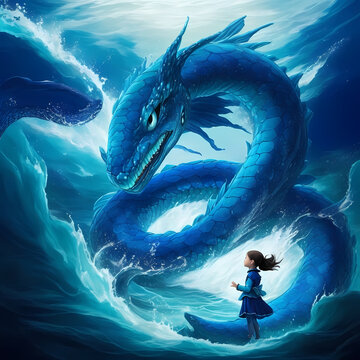 Mystical Encounter: Blue Sea Serpent and Fearless Child