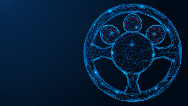 Steering wheel with measuring instrument panel. Low-poly design of interconnected lines and dots. Blue background.