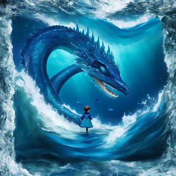 Mystical Encounter: Blue Sea Serpent and Fearless Child