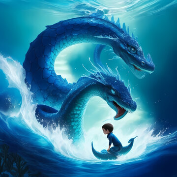 Mystical Encounter: Blue Sea Serpent and Fearless Child