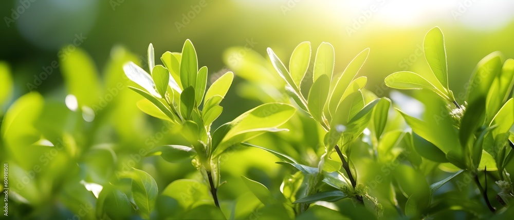 Wall mural Natural background with green foliage and white buds in sunlight. Nature background. Environmental concept.