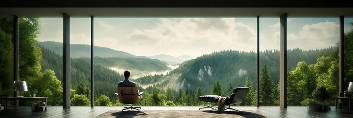A Man Seated Within a Modern Home Looking at a View of a Vast Wooded Landscape Generative AI