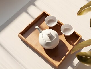 Fototapeta na wymiar Beautiful white ceramic teapot, two teacups, brown wooden tray on cream tablecloth in sunlight, leaf shadow with space calm relaxation for food, drink background, top view flat lay