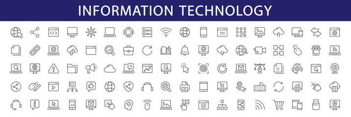 Information technology thin line icons set. Information Technology - IT editable stroke icon collection. Programming, Network, Website, Process, Internet, Data, Technology symbol. Vector - obrazy, fototapety, plakaty