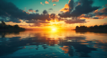 Fototapeta na wymiar a sunset with clouds over a lake