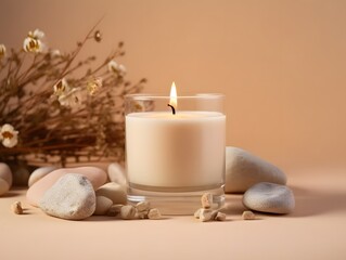 Fototapeta na wymiar Burning candle on beige background. Warm aesthetic composition with stones and dry flowers. Home comfort, spa, relax and wellness concept. Interior decoration