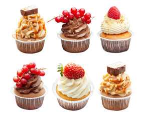 Set of chocolate, vanilla and salted caramel cupcakes with fresh berries and peanuts isolated on white background, png