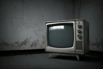 Vintage TV in Minimalist Room with Gray Wall. AI