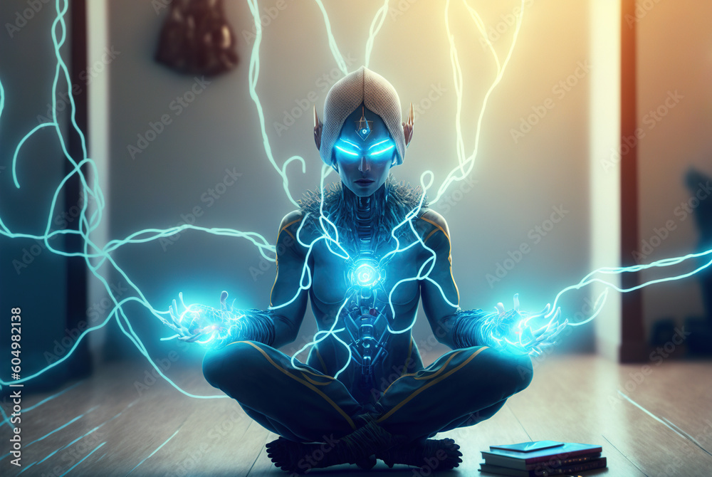 Poster digital era woman meditating in neon wires, with consciousness connected to the world via technologi