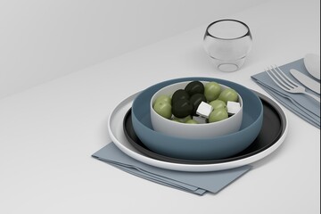 A minimalist composition of white, blue, and black plates with food - olives and feta cheese, glasses, silverware, and a cloth set on a white background. 3D render.
