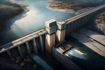 Aerial View of a Large Dam. AI - obrazy, fototapety, plakaty