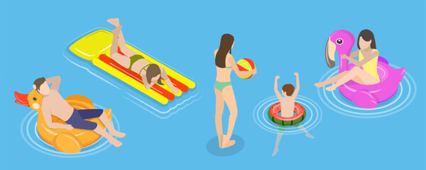 3D Isometric Flat Vector Conceptual Illustration of Summer Pool Activities, Beach Resort Fun Time