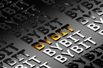 Abstract golden, white, and black repetitive pattern featuring the name 'Bybit' in a dynamic design. Represents the financial market, cryptocurrency exchange, and innovative technology. 3D RENDER