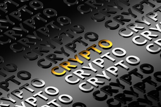 Single Crypto word written in bold letters in repetative manner with mirror effect. 3d render.
