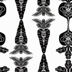 Beets and carrots. Vector seamless pattern. Modern texture illustration in linocut style, symmetrical, cut out ornament, silhouette hand drawn. For design, print, wallpaper, fabric, paper