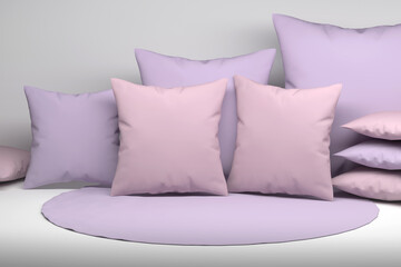 Pillow mockup with plenty of pink and purple colors on a carpet. Blank space for text or design. 3D render.