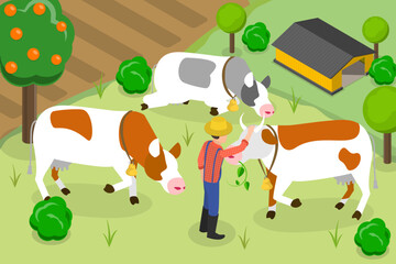3D Isometric Flat Vector Conceptual Illustration of Cow Farm, Rural Summer Landscape
