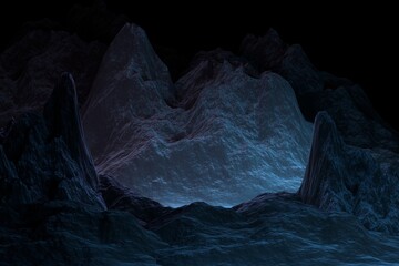 A futuristic-looking cave in the mountains, with solid rock formations and a blue glow emanating from within. The atmosphere is dark and mysterious. 3d render.