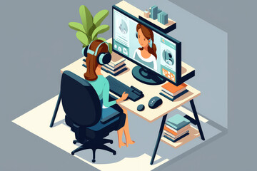 business woman with laptop sitting on the chair. meeting or conference. Freelance or working concept. Cute illustration in flat style. (ai generated)