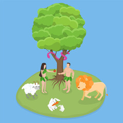 3D Isometric Flat Vector Conceptual Illustration of Garden Of Eden, Bible Myth of Adam and Eve