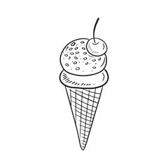 Tasty delicious icecream ball in waffle cone with crunchies in black isolated on white background. Hand drawn vector sketch illustration in doodle engraved vintage style. Tasty, summer, dessert.